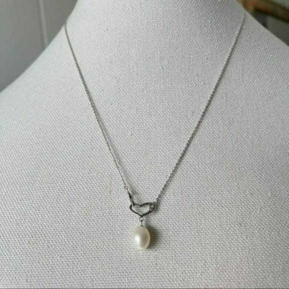 Stamped I‎ LOVE U 925S Silver Drop Freshwater Pearl Pendant Heart Necklace - Picture 14 of 16